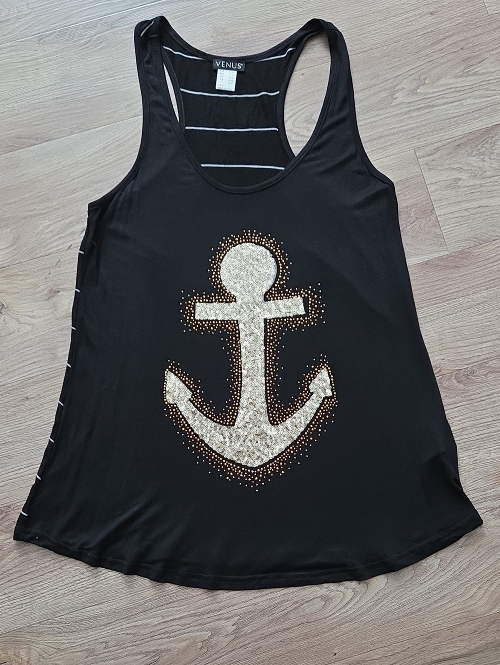 VENUS Black Tank with Gold Anchor Embellishment